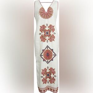 FARM Rio Mary's Tiles Embroidered Detail Linen White Midi Dress Size Small